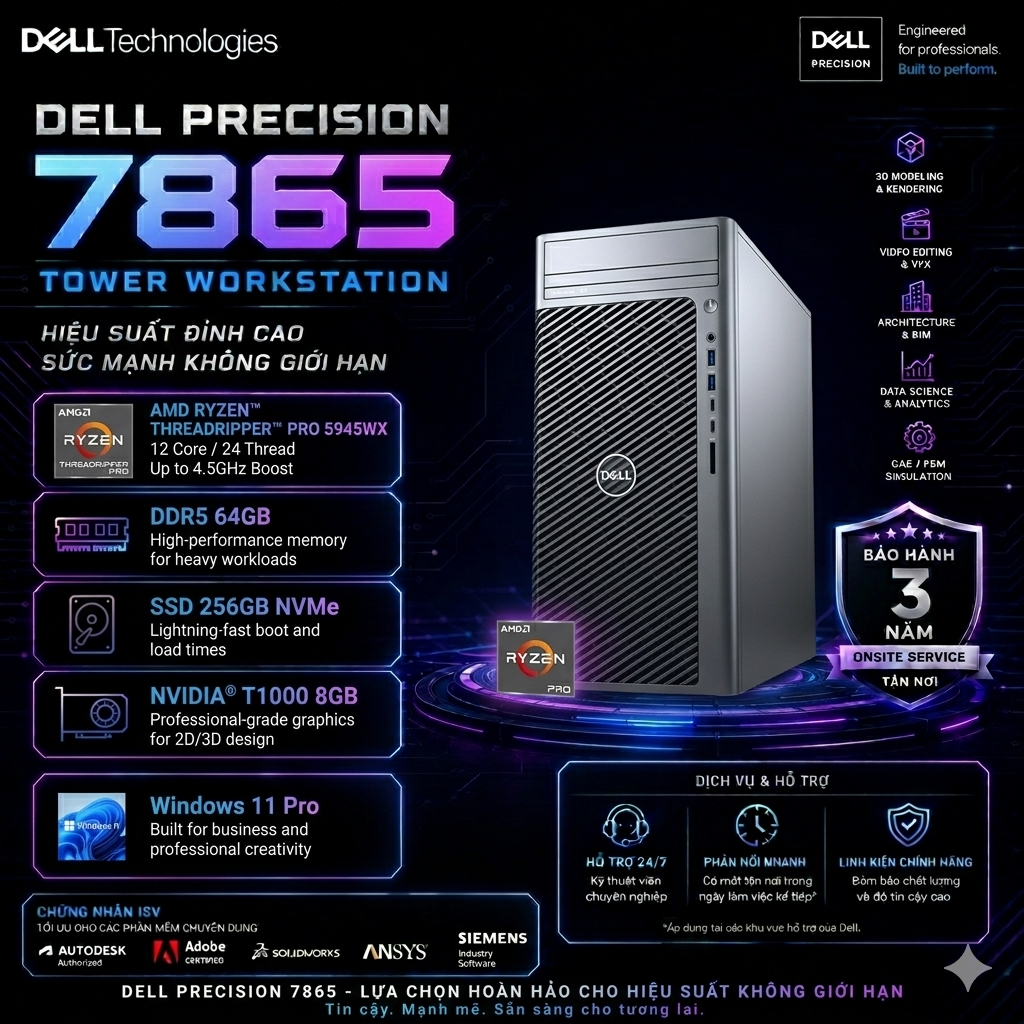Máy trạm Workstation Dell Precision 7865 Tower (AMD Ryzen Threadripper PRO 5945WX/ 64GB/ 256Gb SSD/ Nvidia T1000 8GB/ Windows 11 Pro)